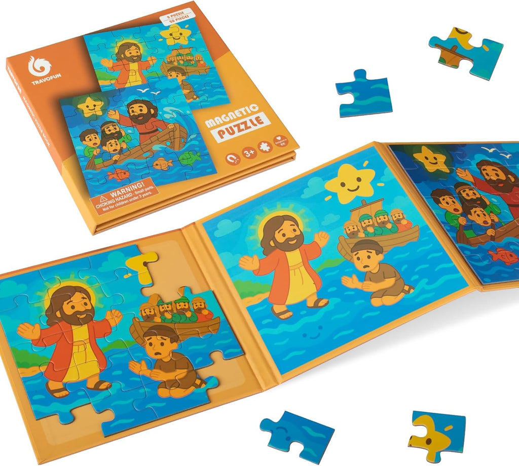 TRAVOFUN Magnetic Puzzles for Kids Ages 3-5 - Jesus Walking on Water & Calming the Storm - 2 Pack Bible Stories Jigsaw Puzzle Book - New Testament Christian Gifts for Toddlers Boys Girls