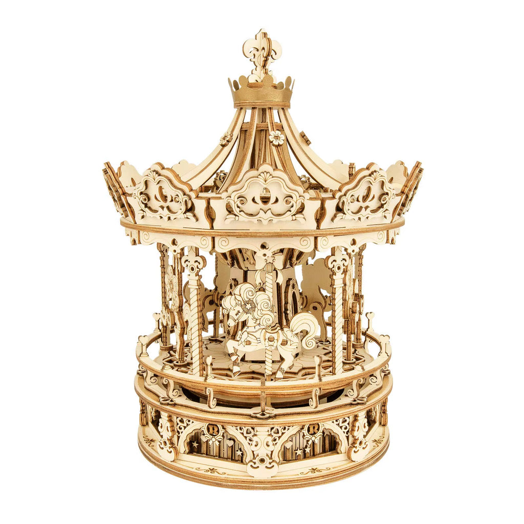3D Wooden Puzzle 336Pcs Rotatable DIY Romantic Carousel Game Gift for Children Kids Adult AMK62 Assembly Music Box Toy
