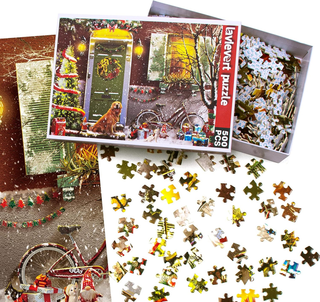 Jigsaw Puzzle 500 Piece Puzzle for Adults - Christmas on Doorstep, Smiling Golden Retriever