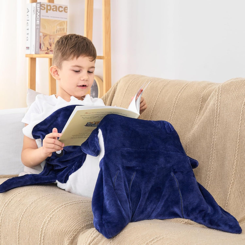 Kids Shark Blanket, Soft Flannel, Boys Toys, Fleece Shark Tail Blanket, Dark Blue, Warm and Soft, Gift for Kids, 19" X 44" Fit for Boys Aged 3 to 6