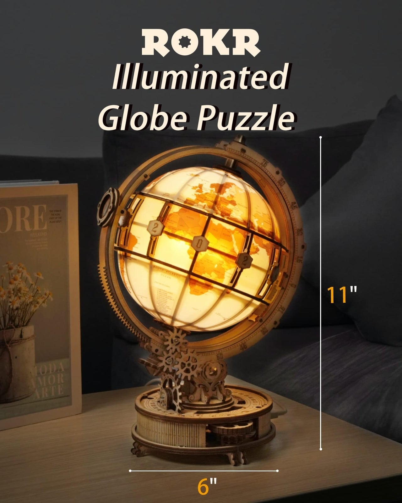 ROKR 3D Wooden Puzzles for Adults-Led Illuminated Wooden Globe Puzzle-Model B...