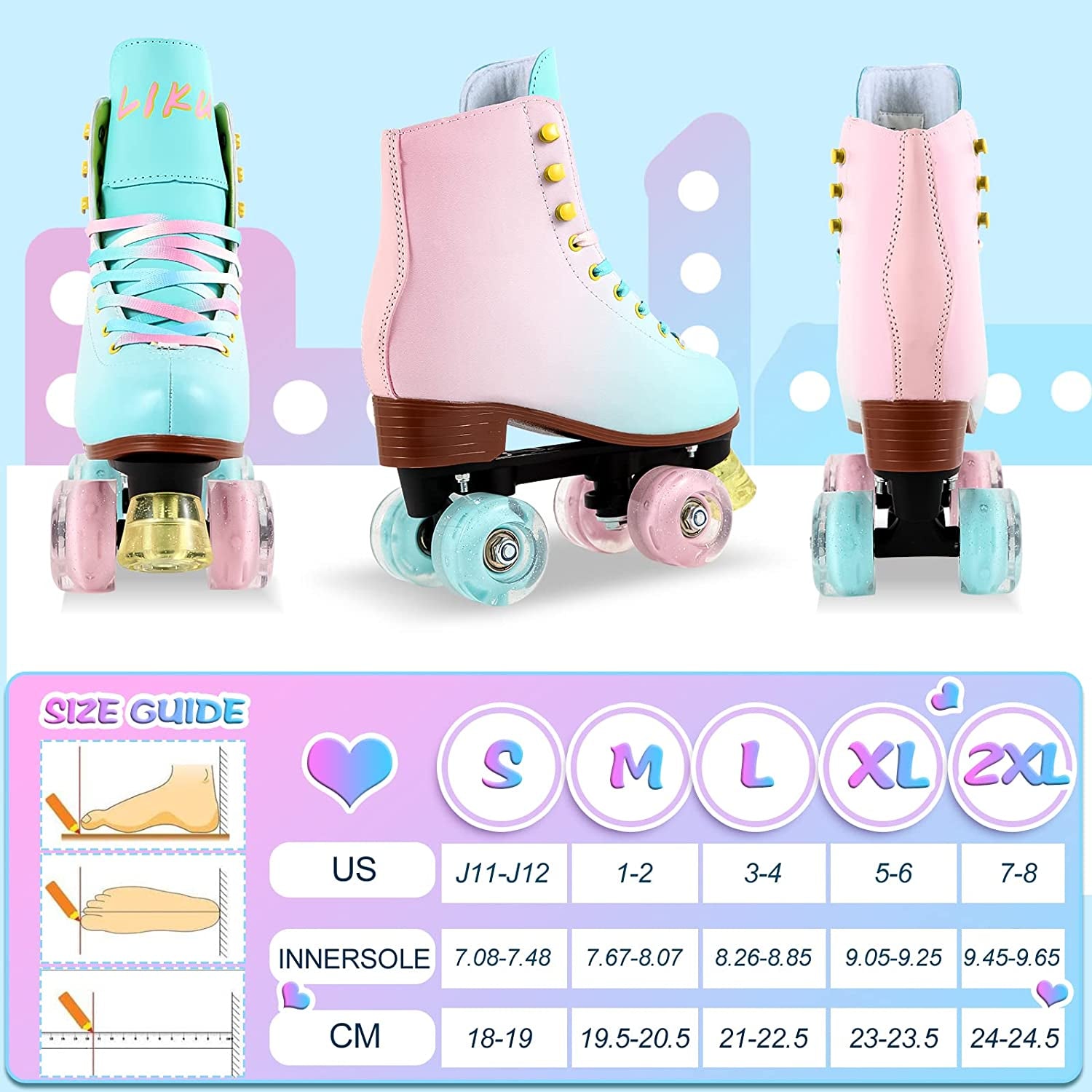 Quad Roller Skates for Girl and Women with All Wheel Light Up,Indoor/Outdoor Lace-Up Fun Illuminating Roller Skate for Kid