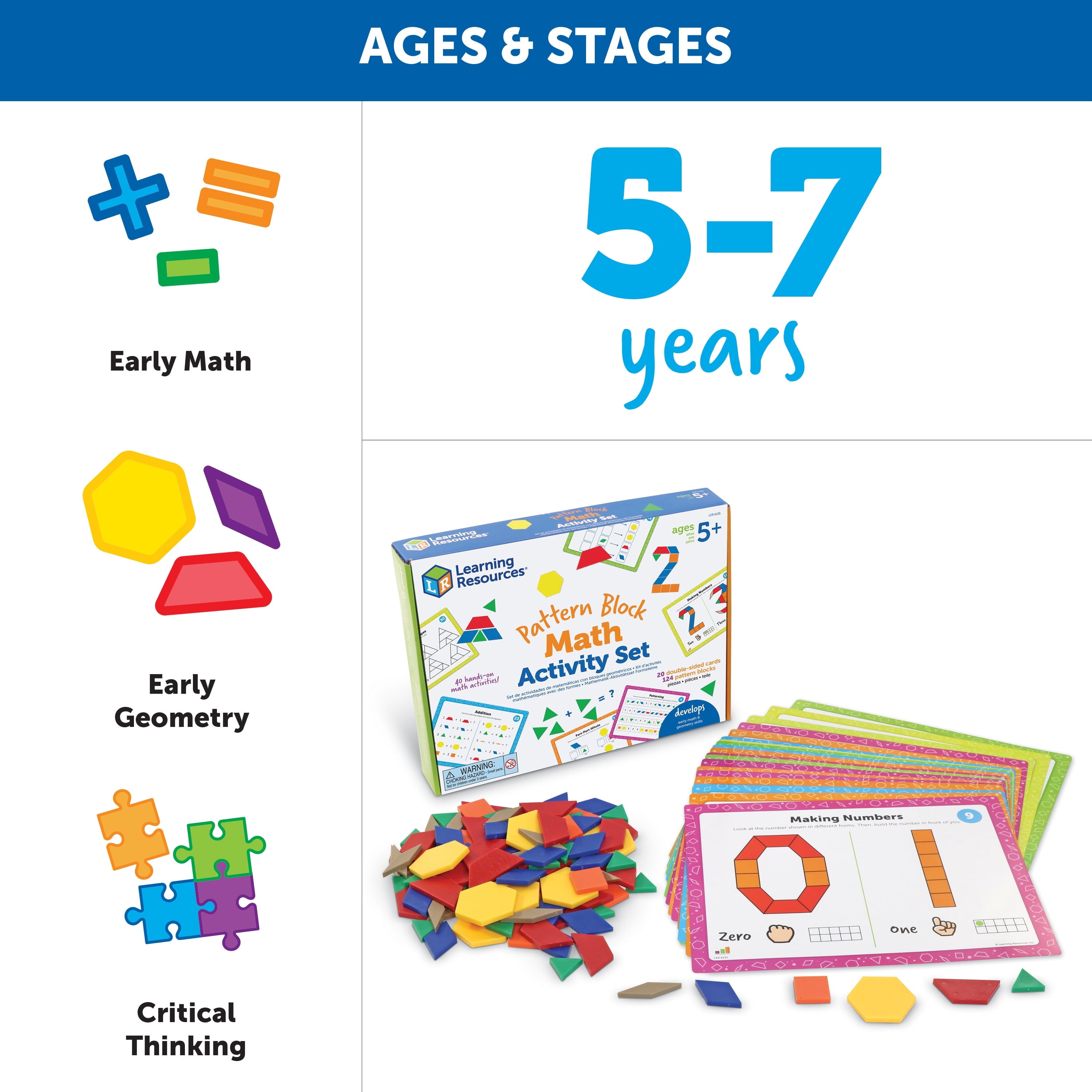 Pattern Block Math Set for Kids Ages 5+ - 144 Pieces