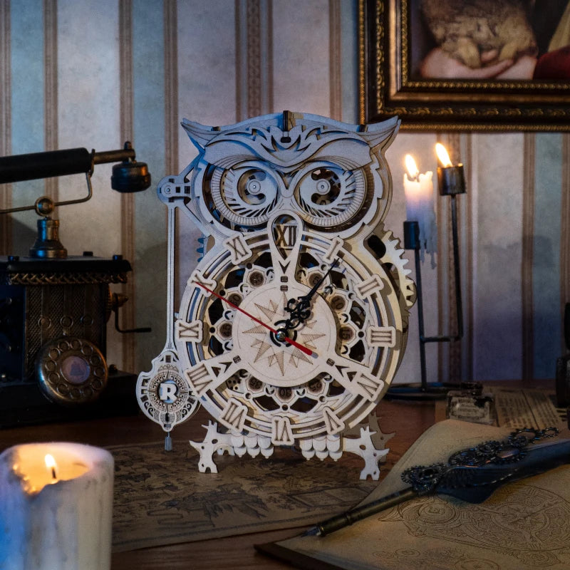 Rokr 161Pcs Creative DIY 3D Owl Clock Wooden Model Building Block Kits Assembly Toy Gift for Children Adult LK503