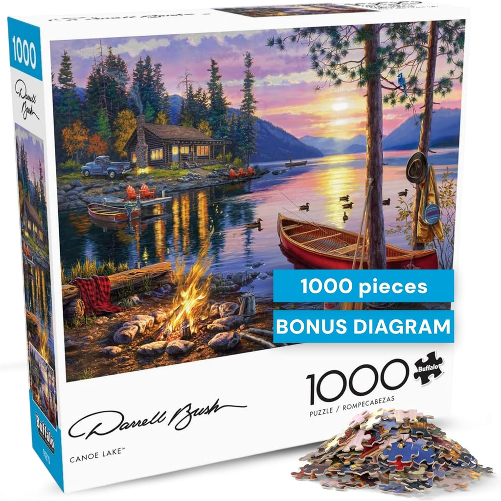 - Canoe Lake 1000 Piece Puzzle for Adults - Jigsaw Puzzles – Darrell Bush Cabin Sunset Artwork with Poster – Challenging Outdoor Nature Scene