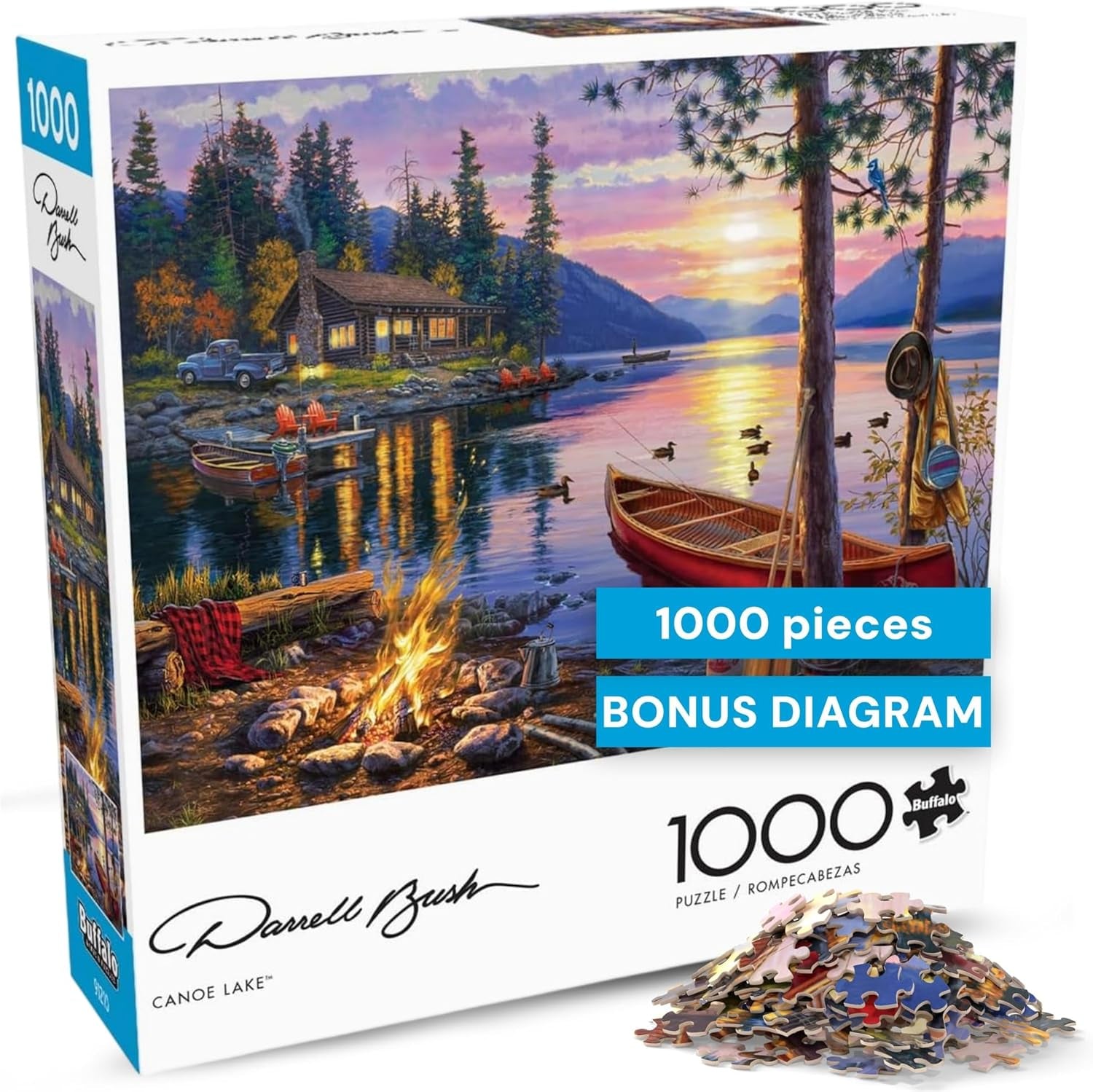 - Canoe Lake 1000 Piece Puzzle for Adults - Jigsaw Puzzles – Darrell Bush Cabin Sunset Artwork with Poster – Challenging Outdoor Nature Scene