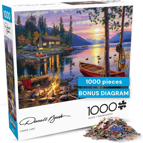 - Canoe Lake 1000 Piece Puzzle for Adults - Jigsaw Puzzles – Darrell Bush Cabin Sunset Artwork with Poster – Challenging Outdoor Nature Scene