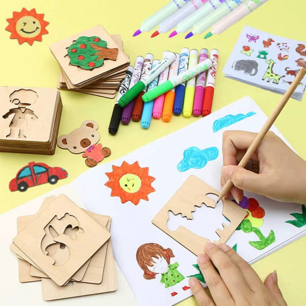 20Pcs Montessori Kids Toys Drawing Toys Wooden DIY Painting Template Stencils Learning Educational Toys for Children Gift