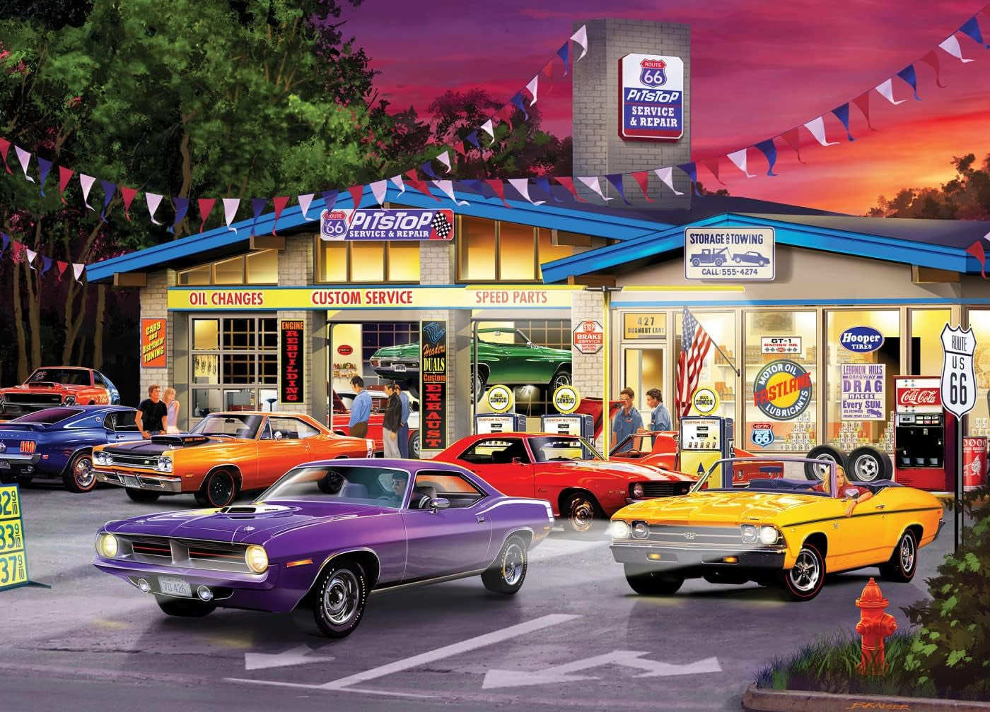 - 1000 Piece Jigsaw Puzzle, Route 66 Pitstop, Fun for Adults, Family, Kids, 19.25" X 26.75"