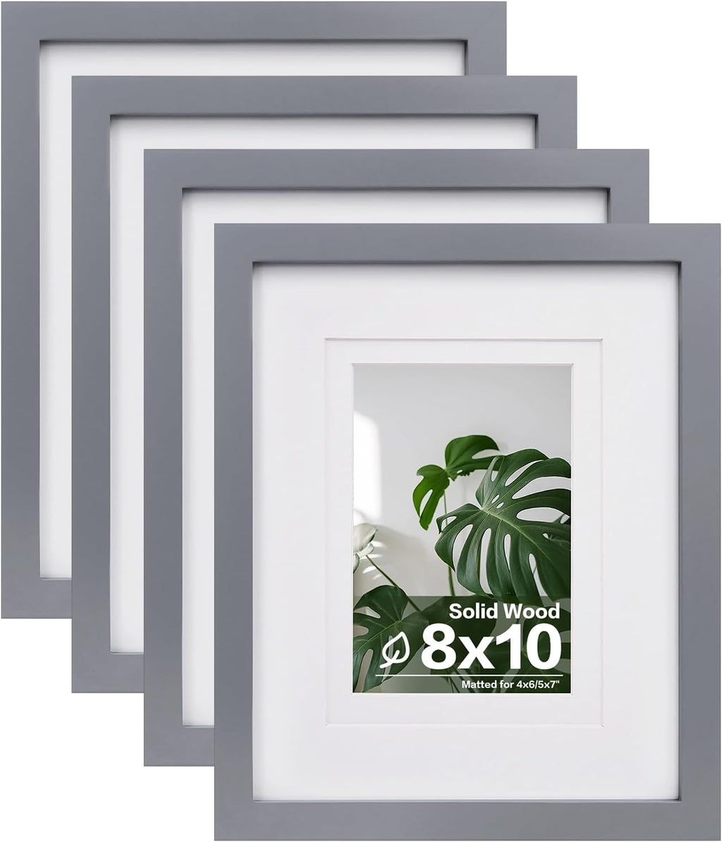8X10 Picture Frames 4 Pack - Wood Frames Covered by Plexiglass for Pictures 4X6 or 5X7 with Mat or 8X10 without Mat, Photo Frames for Table Top and Wall Display, Dark Gray
