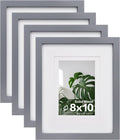 8X10 Picture Frames 4 Pack - Wood Frames Covered by Plexiglass for Pictures 4X6 or 5X7 with Mat or 8X10 without Mat, Photo Frames for Table Top and Wall Display, Dark Gray