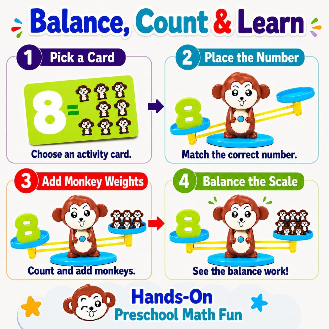 ™ Monkey Scale Balance Counting Toys Math Games STEM Preschool Educational Toys for 3 4 5 Year Olds Math Educational Kindergarten Number Learning Games Gifts for Boy Girl Birthdays Christmas