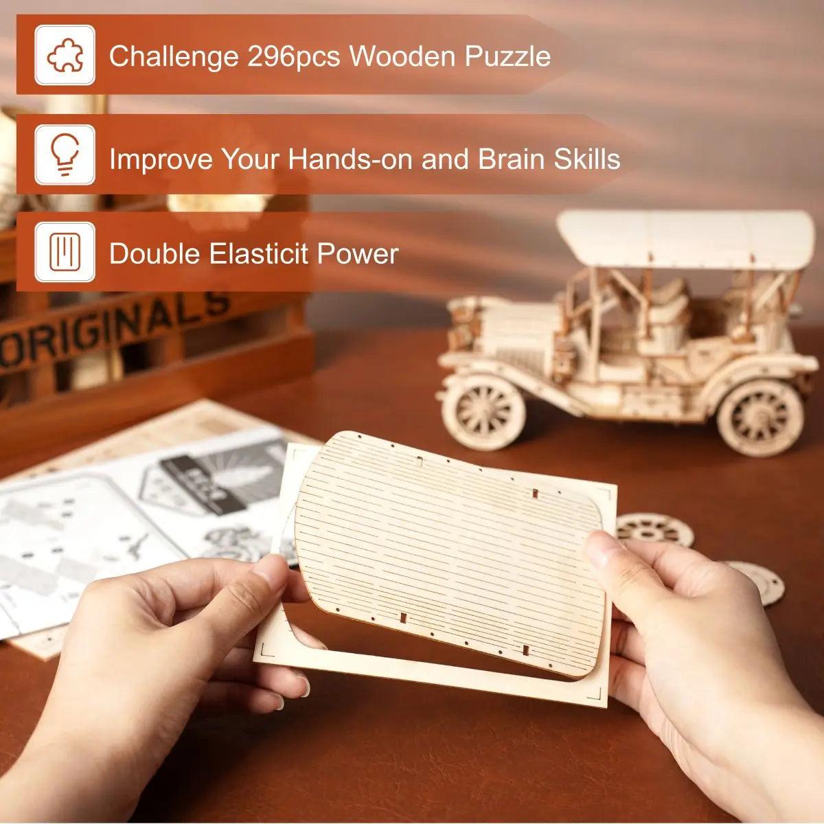 Rokr Classic Car 3D Wooden Puzzle Montessori Toys Vintage Car 1:15 Scale Model Building Kits for Kids