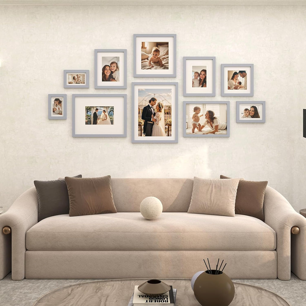 8X10 Picture Frames 4 Pack Solid Wood Frames Covered by Plexiglass for Pictures 4X6 or 5X7 with Mat or 8X10 without Mat, Photo Frames for Table Top and Wall Display, Light Gray