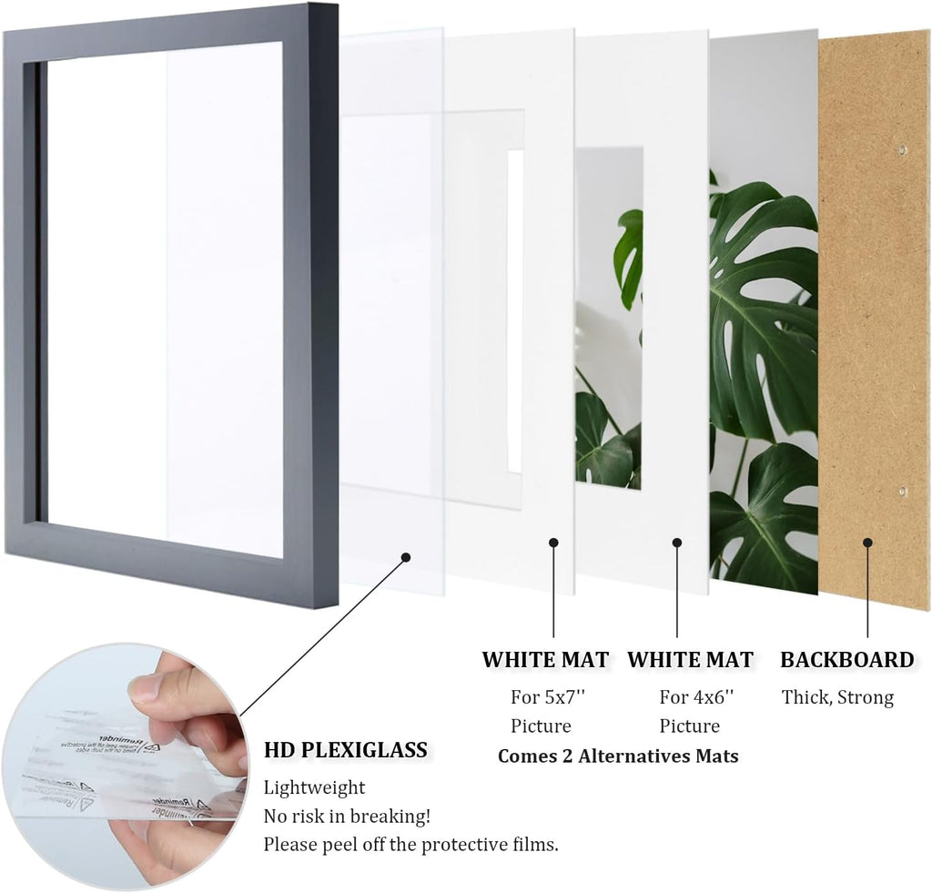 8X10 Picture Frames 4 Pack - Wood Frames Covered by Plexiglass for Pictures 4X6 or 5X7 with Mat or 8X10 without Mat, Photo Frames for Table Top and Wall Display, Dark Gray