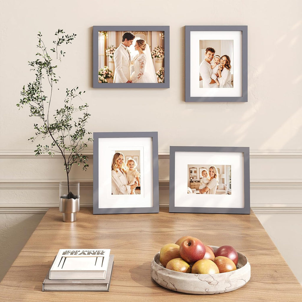 8X10 Picture Frames 4 Pack - Wood Frames Covered by Plexiglass for Pictures 4X6 or 5X7 with Mat or 8X10 without Mat, Photo Frames for Table Top and Wall Display, Dark Gray