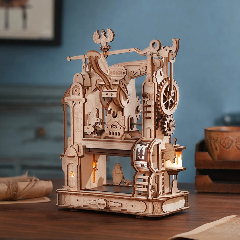 Rokr Printing Press 3D DIY Puzzle Gifts for Boyfriend Family Wooden Toys with LED Light Building Block Kit Play LK602