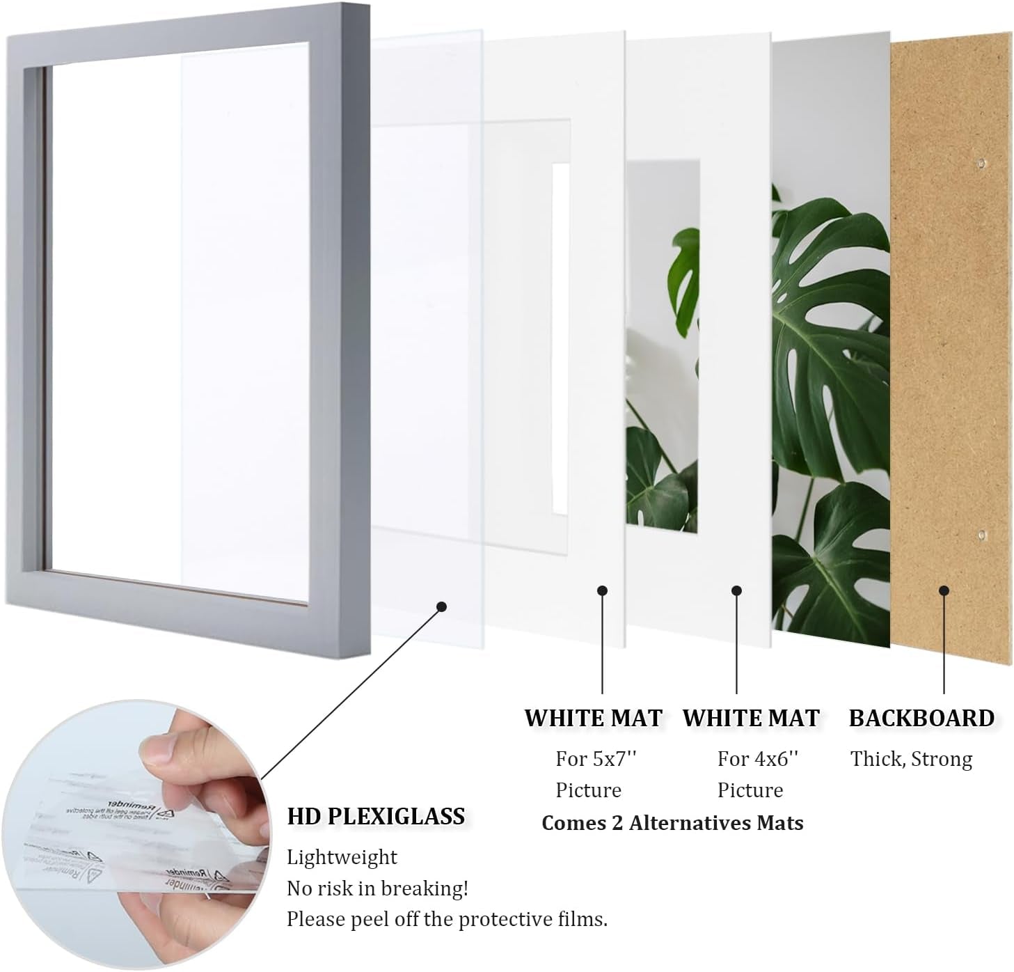8X10 Picture Frames 4 Pack Solid Wood Frames Covered by Plexiglass for Pictures 4X6 or 5X7 with Mat or 8X10 without Mat, Photo Frames for Table Top and Wall Display, Light Gray