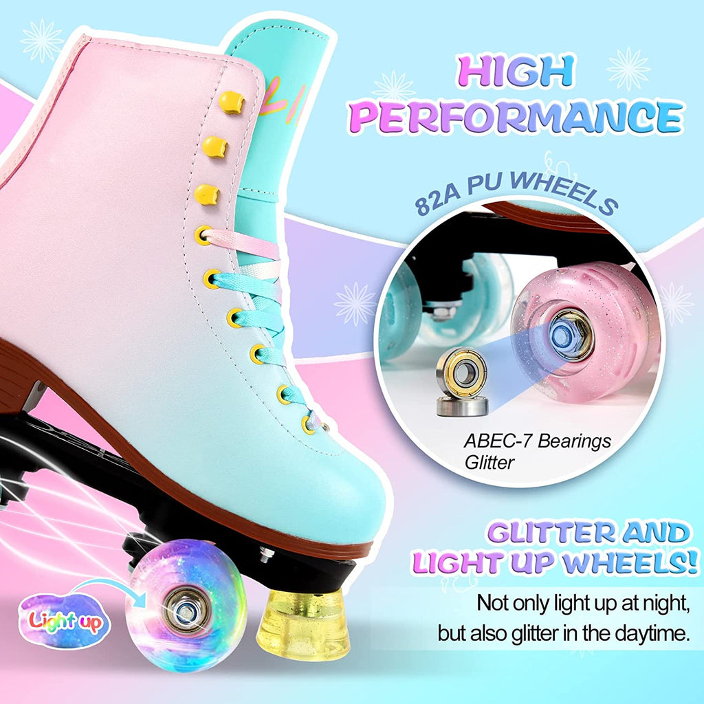 Quad Roller Skates for Girl and Women with All Wheel Light Up,Indoor/Outdoor Lace-Up Fun Illuminating Roller Skate for Kid