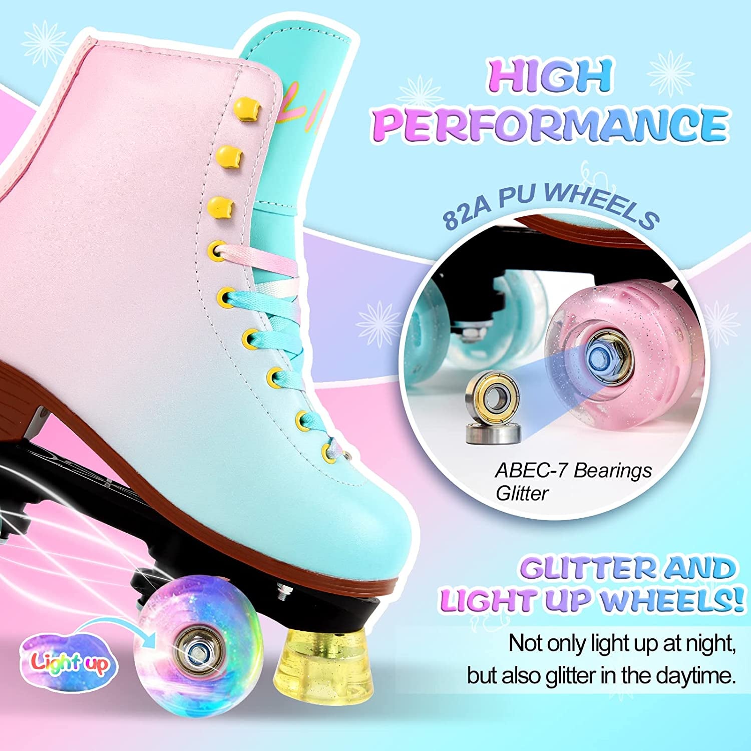 Quad Roller Skates for Girl and Women with All Wheel Light Up,Indoor/Outdoor Lace-Up Fun Illuminating Roller Skate for Kid