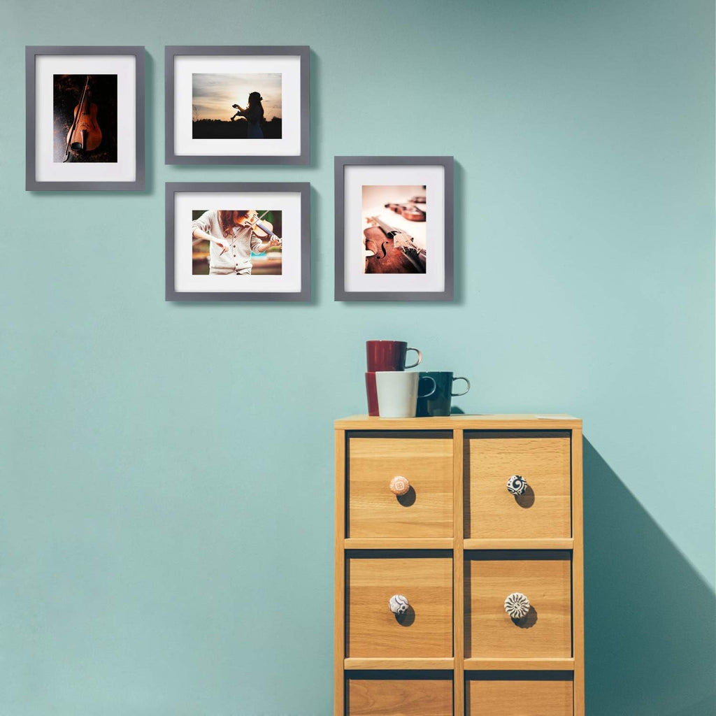 8X10 Picture Frames 4 Pack - Wood Frames Covered by Plexiglass for Pictures 4X6 or 5X7 with Mat or 8X10 without Mat, Photo Frames for Table Top and Wall Display, Dark Gray