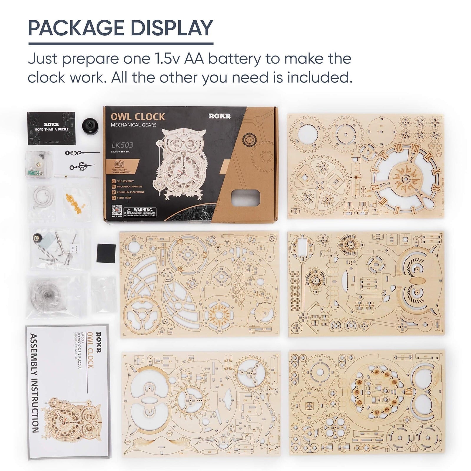 ROKR 3D Wooden Puzzles for Adults Mechanical Clock Kits-Owl Clock, DIY Clock ...