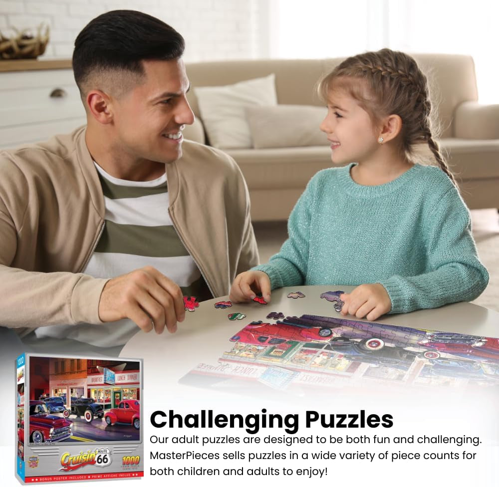 - 1000 Piece Jigsaw Puzzle, Route 66 Pitstop, Fun for Adults, Family, Kids, 19.25" X 26.75"