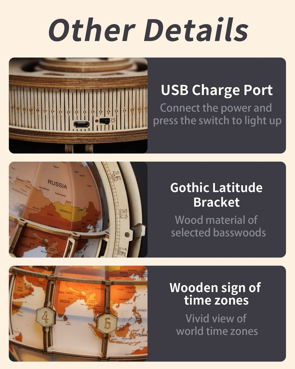 ROKR 3D Wooden Puzzles for Adults-Led Illuminated Wooden Globe Puzzle-Model B...