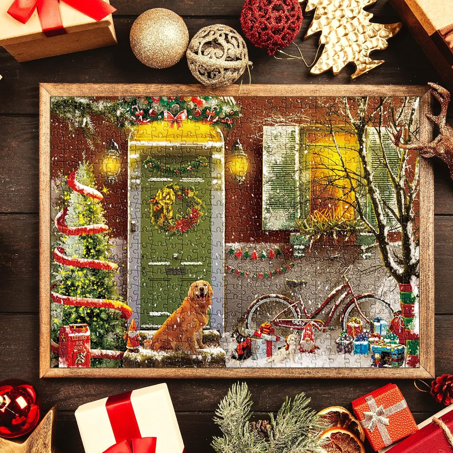 Jigsaw Puzzle 500 Piece Puzzle for Adults - Christmas on Doorstep, Smiling Golden Retriever