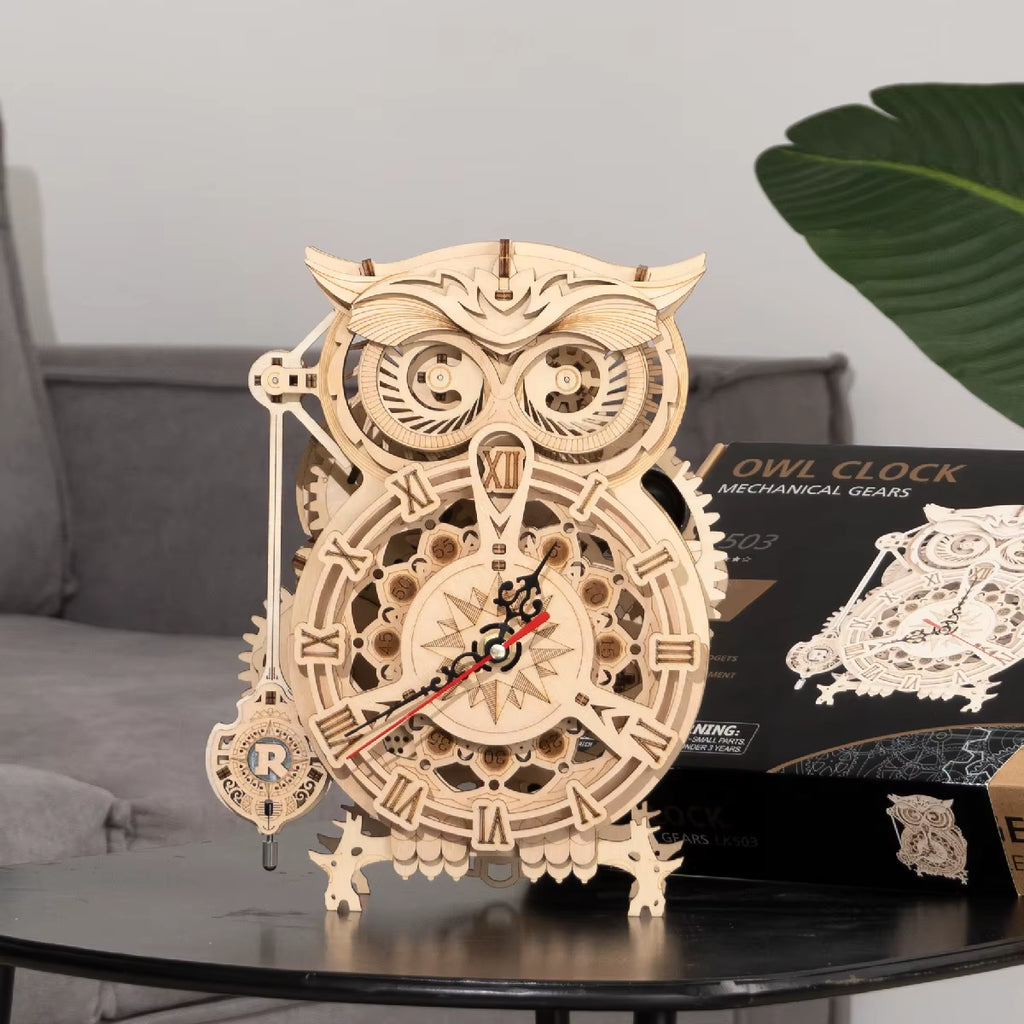 Rokr 161Pcs Creative DIY 3D Owl Clock Wooden Model Building Block Kits Assembly Toy Gift for Children Adult LK503