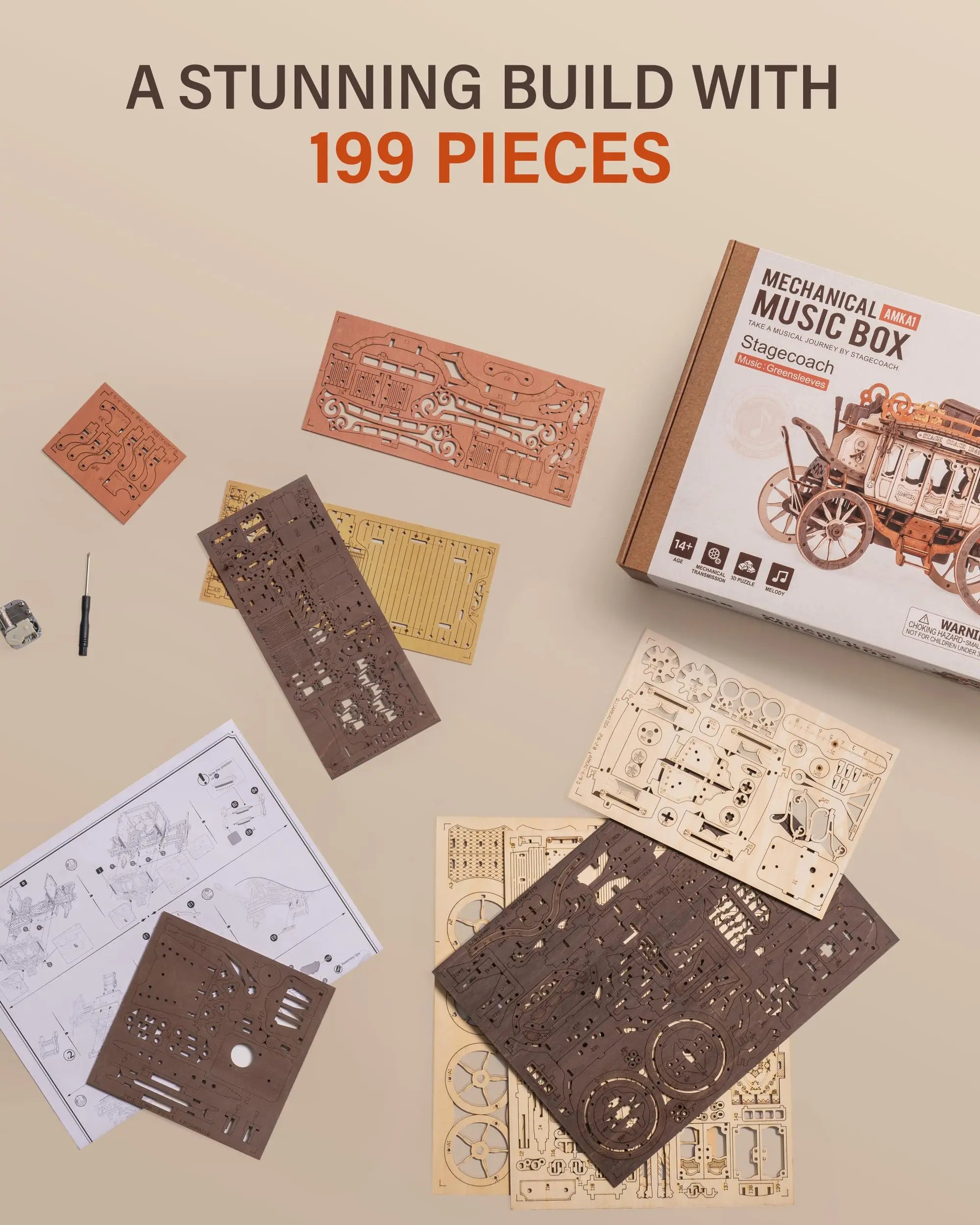 Wooden Music Box Puzzle 3D Puzzles Mechanical Building Construction Craft Birthday Anniversary Day Gift Kits Stagecoach