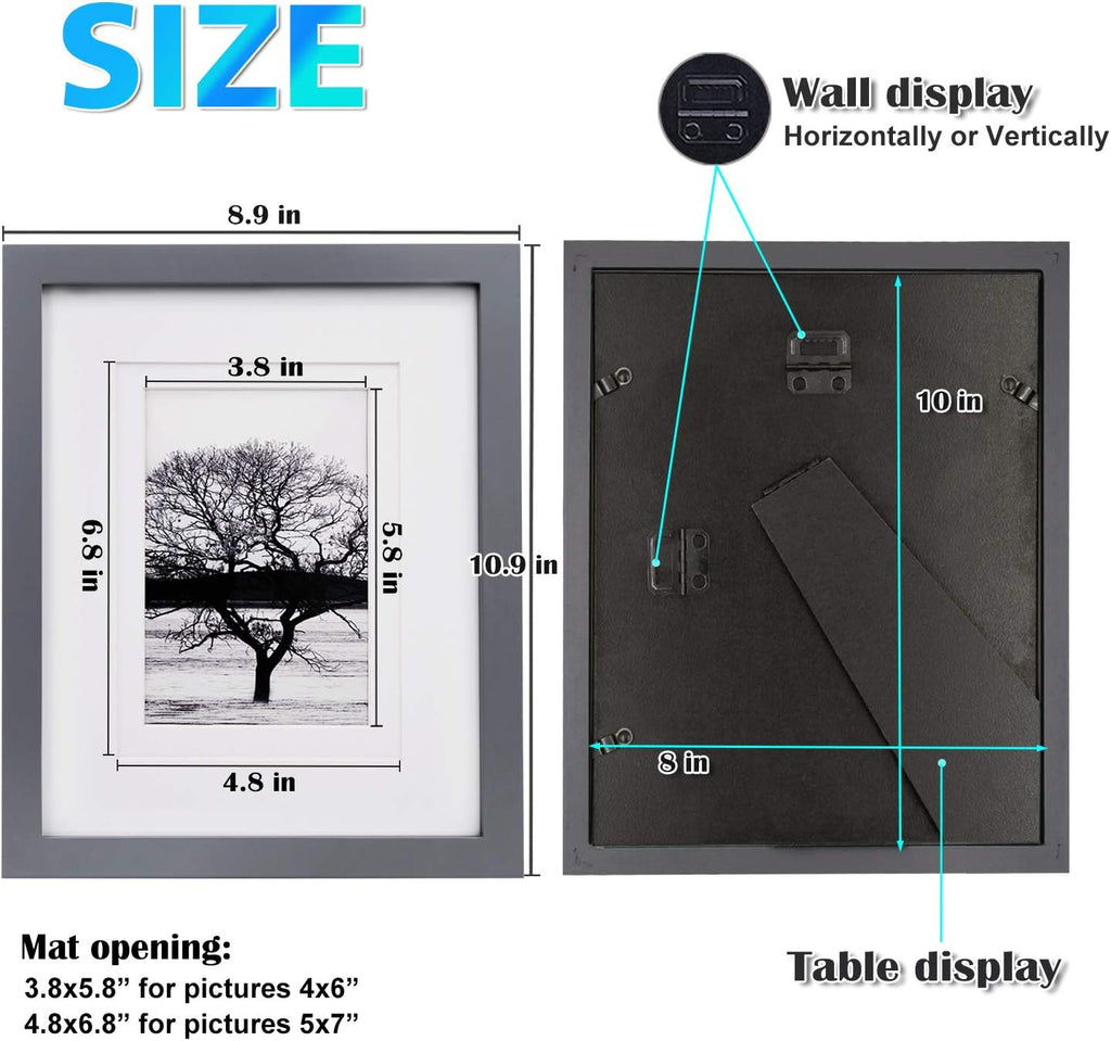 8X10 Picture Frames 4 Pack - Wood Frames Covered by Plexiglass for Pictures 4X6 or 5X7 with Mat or 8X10 without Mat, Photo Frames for Table Top and Wall Display, Dark Gray
