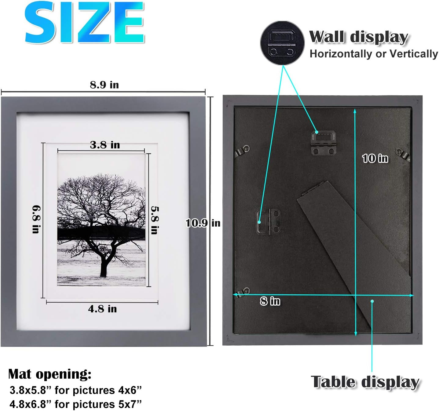 8X10 Picture Frames 4 Pack - Wood Frames Covered by Plexiglass for Pictures 4X6 or 5X7 with Mat or 8X10 without Mat, Photo Frames for Table Top and Wall Display, Dark Gray
