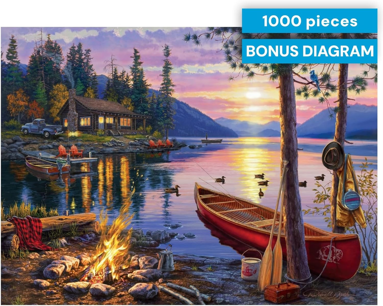 - Canoe Lake 1000 Piece Puzzle for Adults - Jigsaw Puzzles – Darrell Bush Cabin Sunset Artwork with Poster – Challenging Outdoor Nature Scene