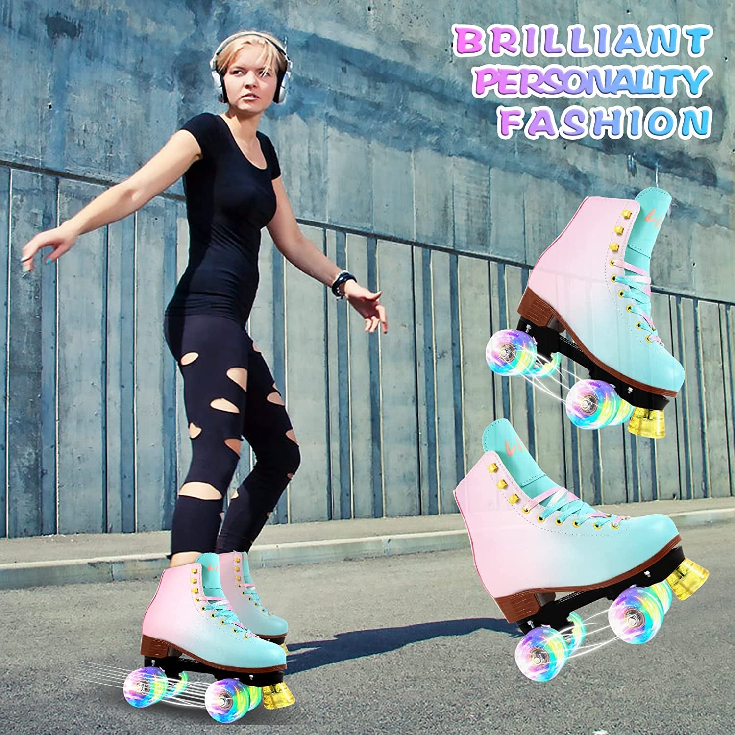 Quad Roller Skates for Girl and Women with All Wheel Light Up,Indoor/Outdoor Lace-Up Fun Illuminating Roller Skate for Kid