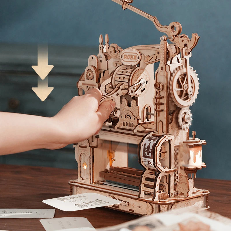 Rokr Printing Press 3D DIY Puzzle Gifts for Boyfriend Family Wooden Toys with LED Light Building Block Kit Play LK602