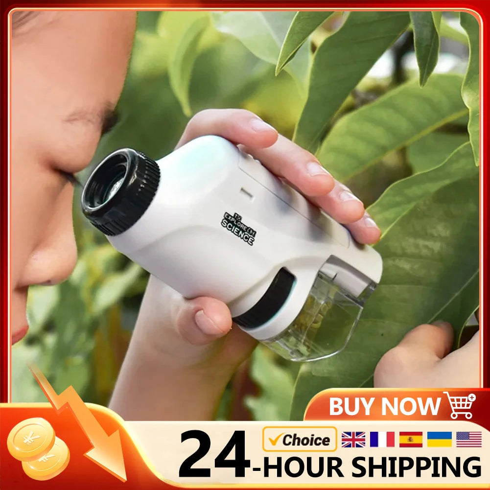 Mini Pocket Microscope Handheld Microscope Kit Battery Powered Microscope with Lab LED Light 60X-120X Biological Kids Science