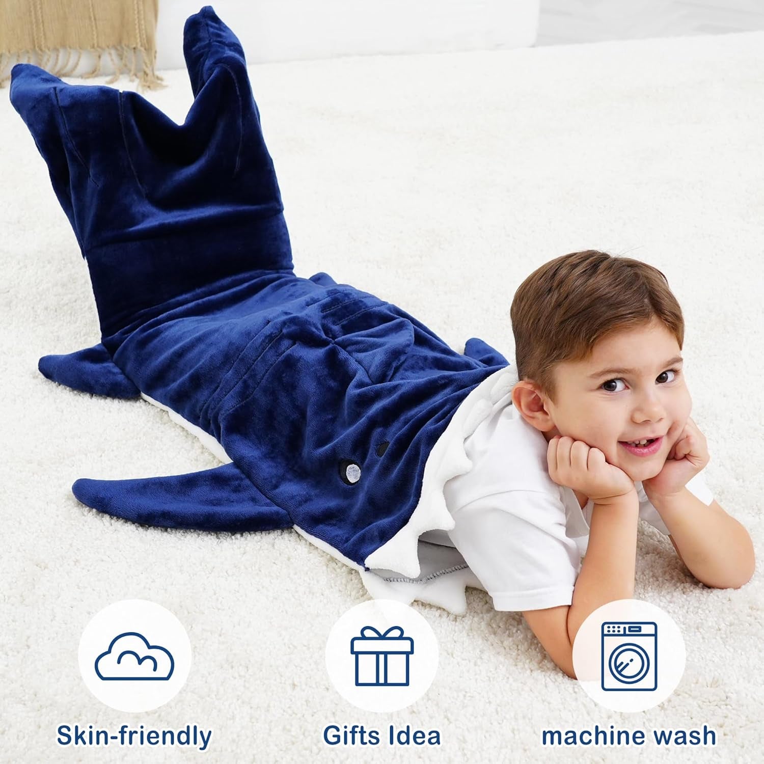 Kids Shark Blanket, Soft Flannel, Boys Toys, Fleece Shark Tail Blanket, Dark Blue, Warm and Soft, Gift for Kids, 19" X 44" Fit for Boys Aged 3 to 6