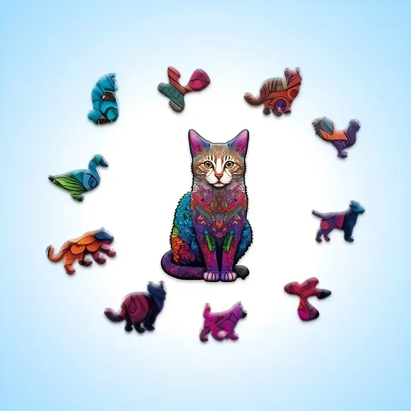 Cat Wooden Puzzle, Uniquely Irregular Animal Shaped Wooden Jigsaw Puzzles Wooden Toys, Christmas Gift Home Decor