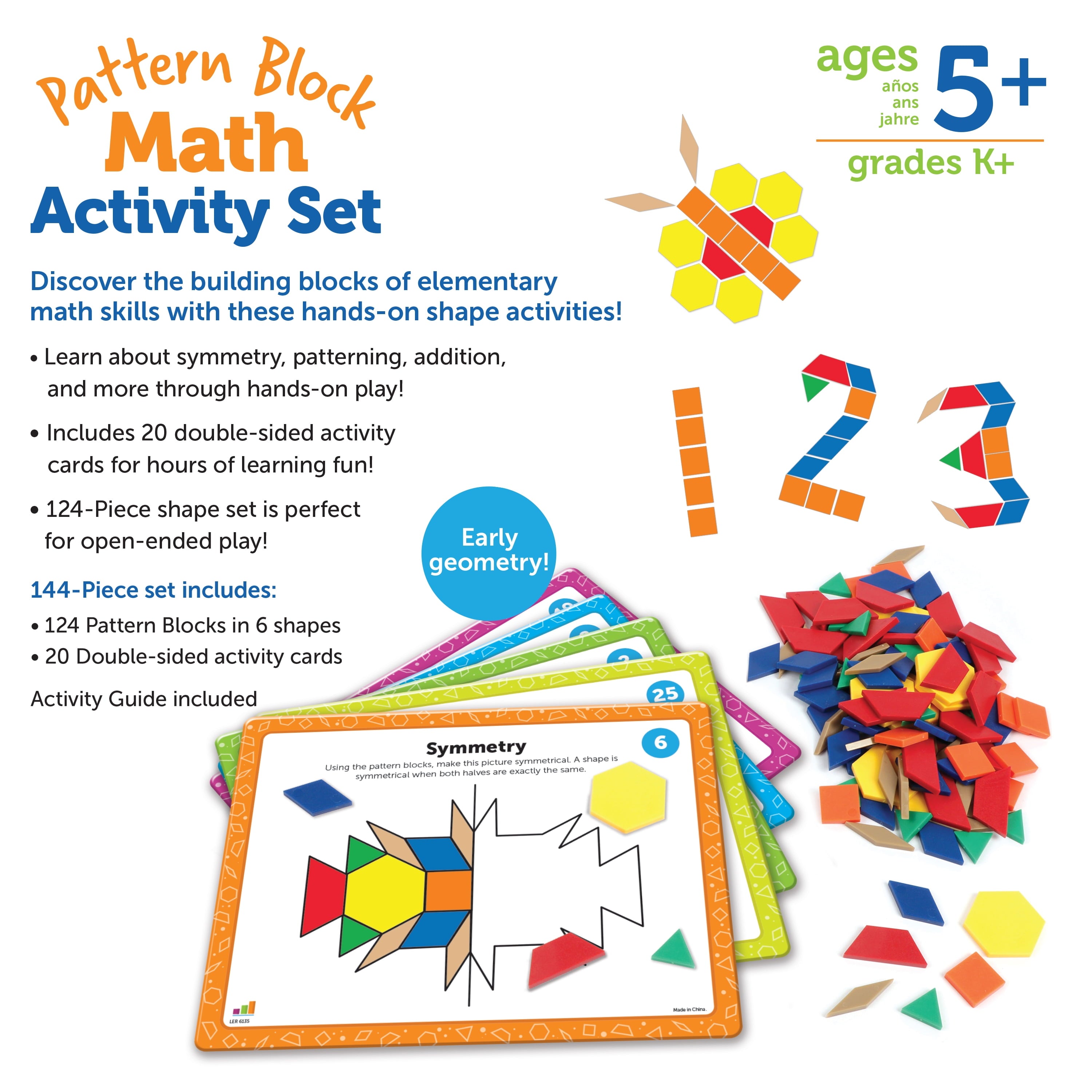 Pattern Block Math Set for Kids Ages 5+ - 144 Pieces