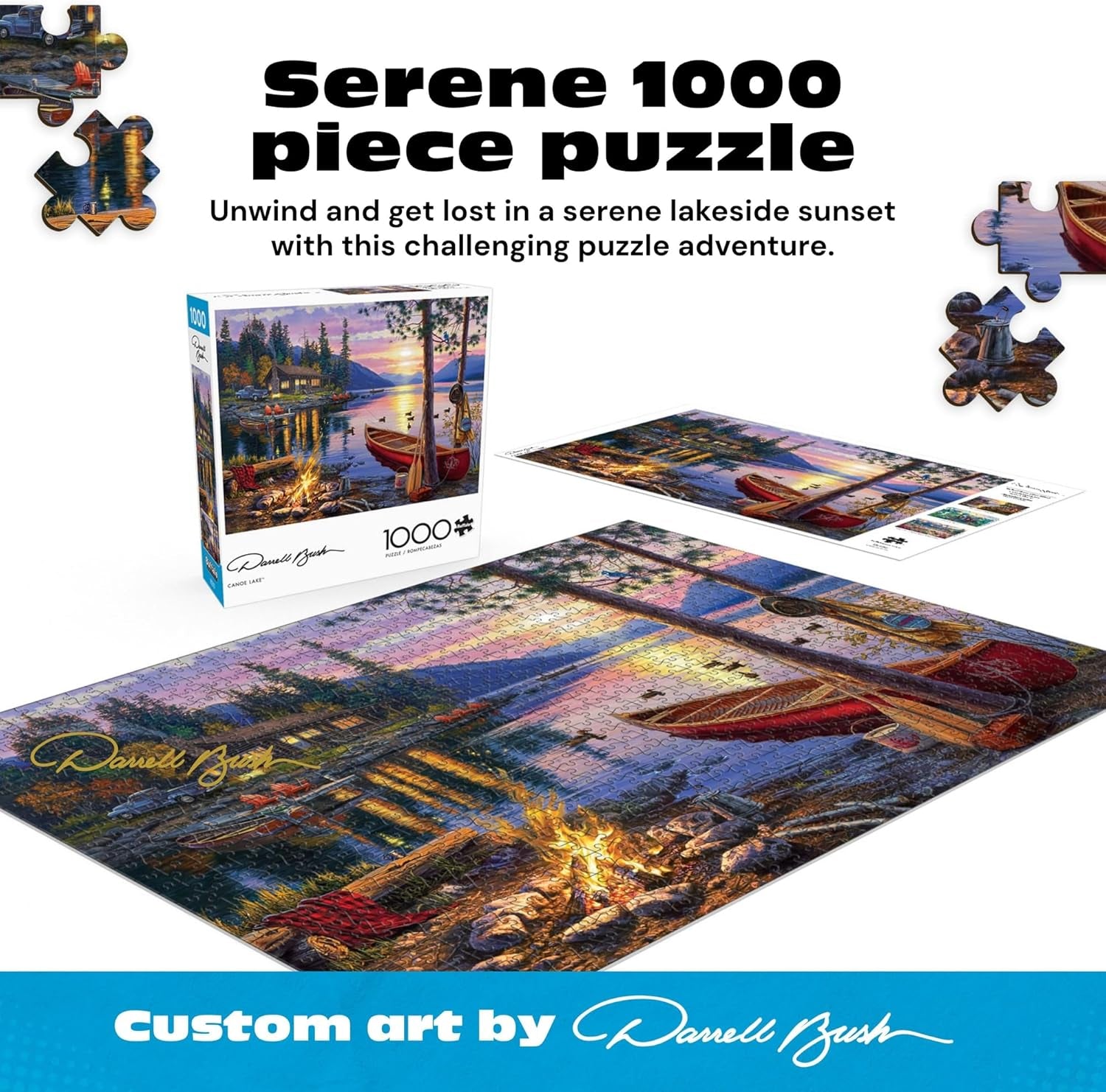- Canoe Lake 1000 Piece Puzzle for Adults - Jigsaw Puzzles – Darrell Bush Cabin Sunset Artwork with Poster – Challenging Outdoor Nature Scene