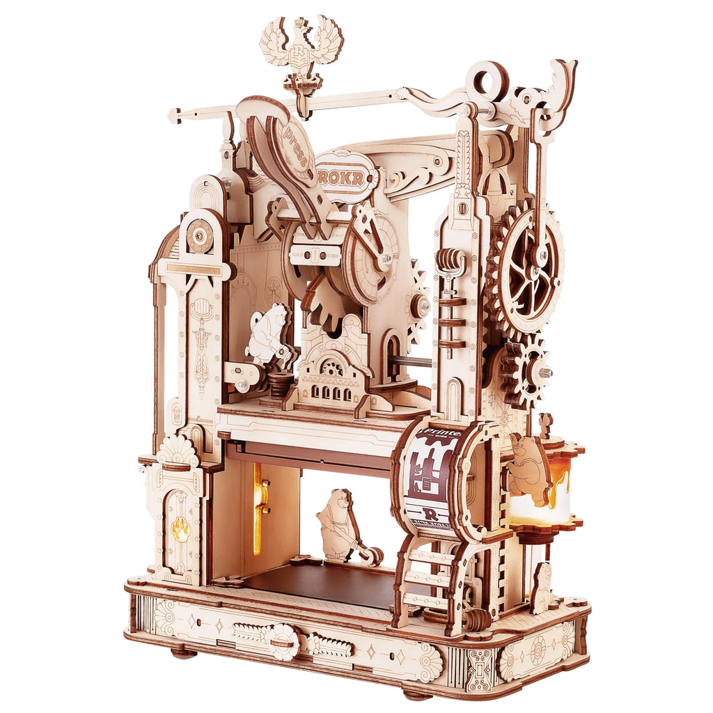Rokr Printing Press 3D DIY Puzzle Gifts for Boyfriend Family Wooden Toys with LED Light Building Block Kit Play LK602