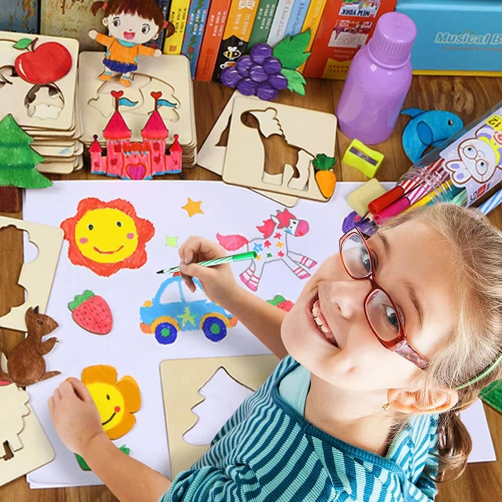 20Pcs Montessori Kids Toys Drawing Toys Wooden DIY Painting Template Stencils Learning Educational Toys for Children Gift