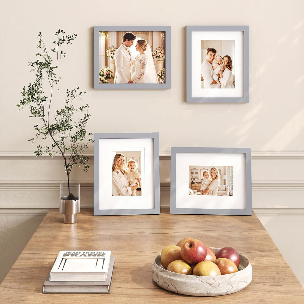 8X10 Picture Frames 4 Pack Solid Wood Frames Covered by Plexiglass for Pictures 4X6 or 5X7 with Mat or 8X10 without Mat, Photo Frames for Table Top and Wall Display, Light Gray