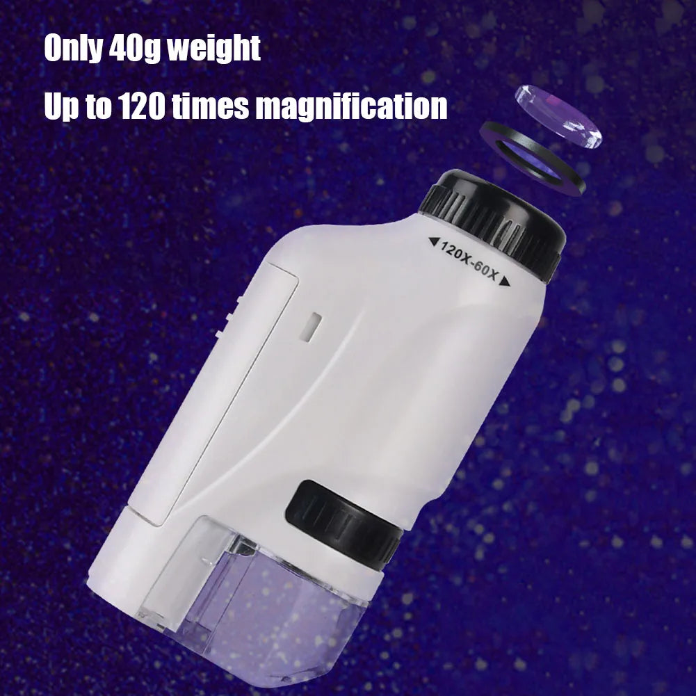 Mini Pocket Microscope Handheld Microscope Kit Battery Powered Microscope with Lab LED Light 60X-120X Biological Kids Science