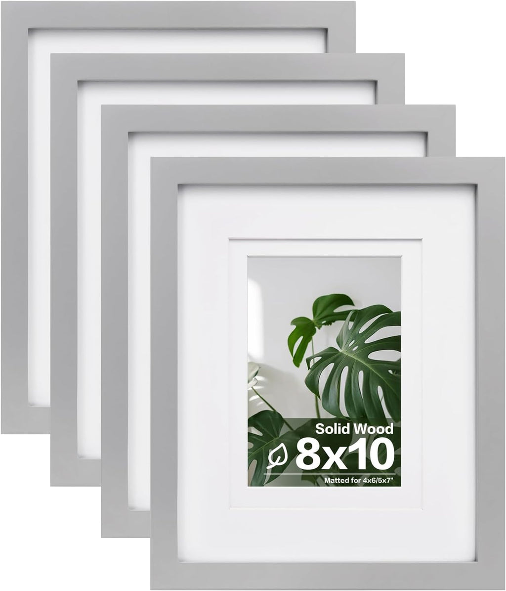 8X10 Picture Frames 4 Pack Solid Wood Frames Covered by Plexiglass for Pictures 4X6 or 5X7 with Mat or 8X10 without Mat, Photo Frames for Table Top and Wall Display, Light Gray