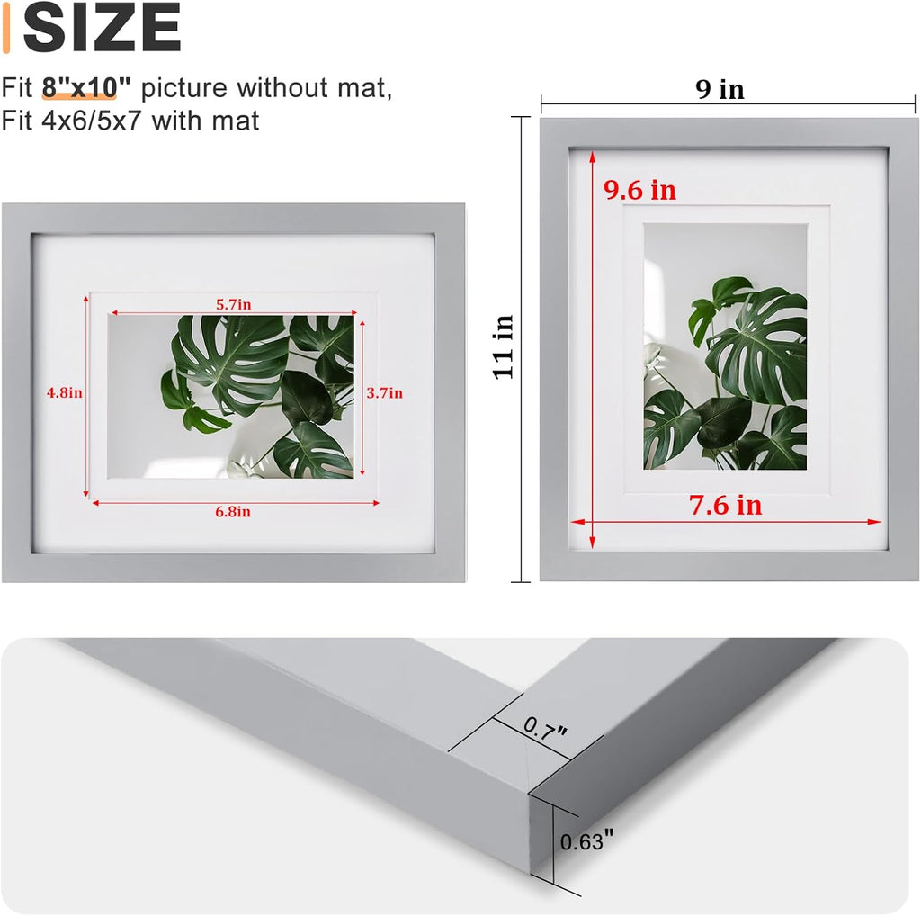 8X10 Picture Frames 4 Pack Solid Wood Frames Covered by Plexiglass for Pictures 4X6 or 5X7 with Mat or 8X10 without Mat, Photo Frames for Table Top and Wall Display, Light Gray