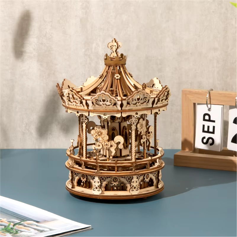 3D Wooden Puzzle 336Pcs Rotatable DIY Romantic Carousel Game Gift for Children Kids Adult AMK62 Assembly Music Box Toy