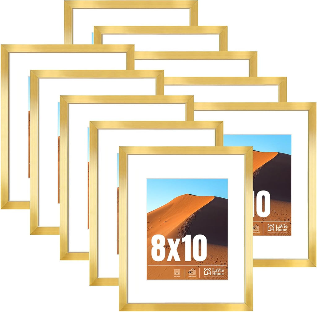 8X10 Picture Frame Gold Set of 10, Display 5X7 with Mat or 8 X 10 without Mat Picture, Photo Frame Collage for Wall Gallery or Table Deco, Hanging or Tabletop Display