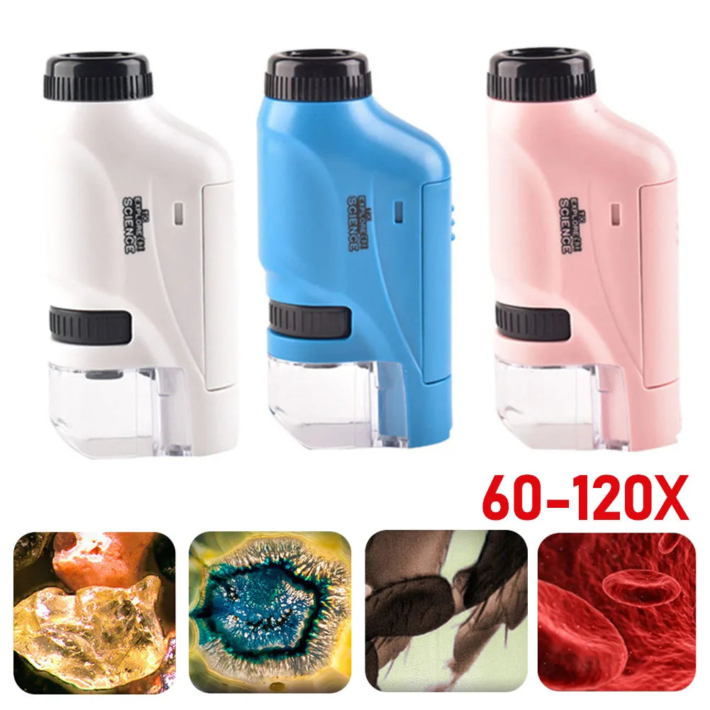 Mini Pocket Microscope Handheld Microscope Kit Battery Powered Microscope with Lab LED Light 60X-120X Biological Kids Science